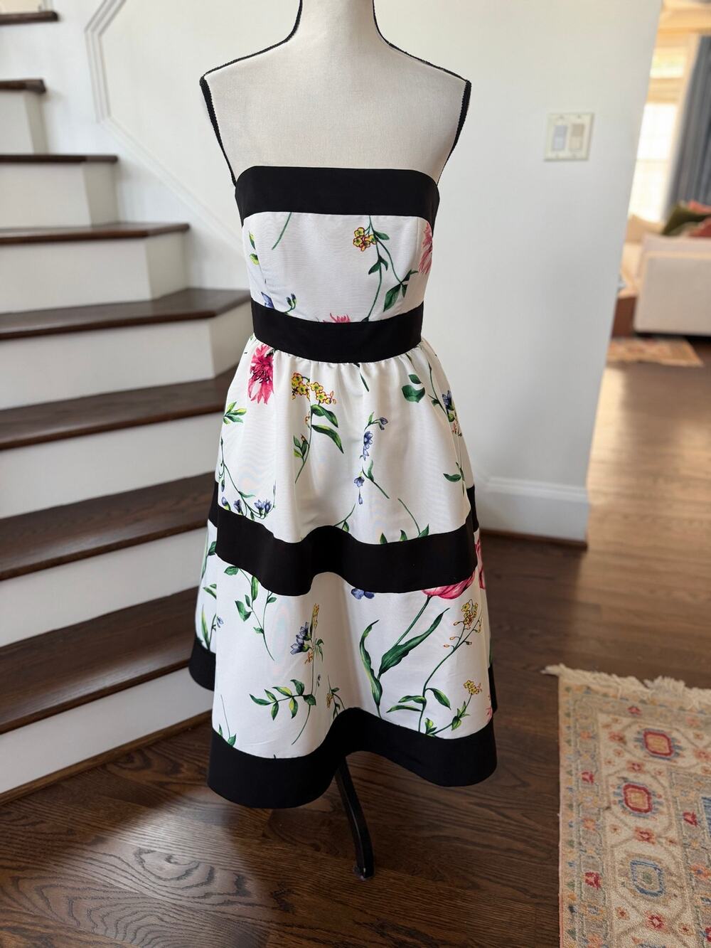 White House Black Market Stripe Floral Print Midi Fit Flare Strapless Gown